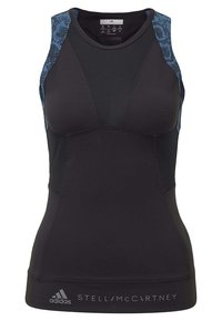 Černý atletický tílko s modrými síťovanými akcenty, s přiléhavým střihem, zesílenými švy a logem "STELLAMCCARTNEY" na lemu.