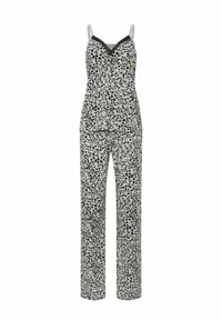 Ensemble de pyjama noir et gris à imprimé léopard, composé d'un camisole avec dentelle et d'un pantalon ample, fabriqué en tissu doux et léger.