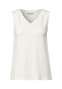 Top bianco senza maniche con scollatura a V, realizzato in tessuto morbido. Design semplice, taglio dritto, senza fantasie né decorazioni.