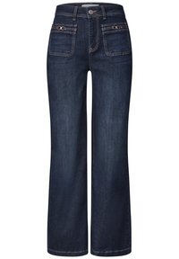 Jeans bleu foncé à coupe large avec fermeture éclair à l'avant, bouton et deux poches carrées avant avec détails en chaîne métallique.