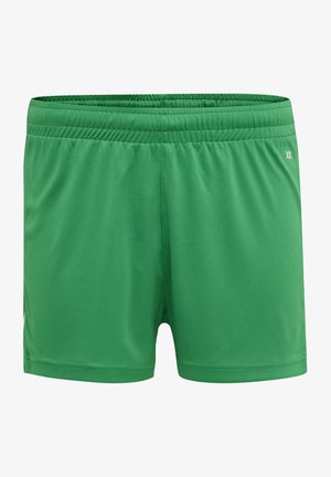 Groene sportshorts van lichtgewicht, soepel stof met een elastische tailleband en minimale stiknaden. Geen zakken of versieringen zichtbaar.