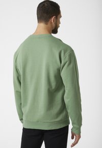 Sudadera verde de corte relajado, con cuello y puños de canalé, textura suave y costuras dobles, vista desde atrás.