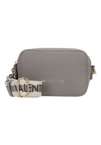 Grey synthetic crossbody bag with gold hardware, featuring a patterned strap labeled "VALENTINO" and a rectangular shape. Zipper closure.