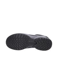 Suola di scarpa in gomma nera con modelli di grip testurizzati, caratterizzata da una forma arrotondata e un accento centrale con logo. Il design enfatizza la durata e la trazione.