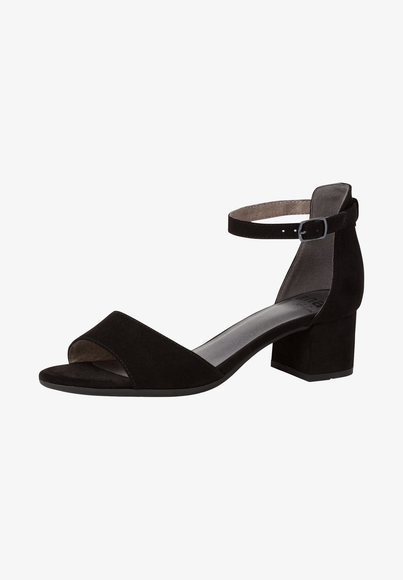 Sandale ouverte en velours noir avec talon carré et bride de cheville ajustable avec boucle en argent.