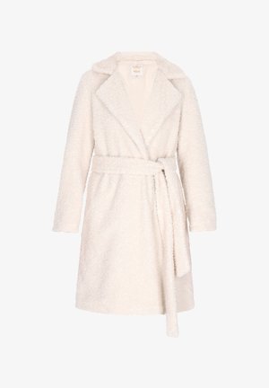 Cremfarbenes, flauschiges Fleece-Bademantel mit langen Ärmeln, einem Schalkragen und einem abnehmbaren Gürtel in der Taille. Glattes Futter und knielanges Design.