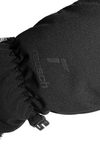 Black gloves made of textured fabric with a gathered cuff. Features a small logo and a black hardware strap for adjustment.