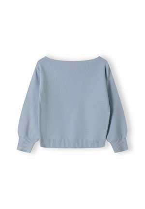 Pull en tricot bleu clair avec un col large, des manches longues et des bords côtelés aux poignets et à l'ourlet. Texture douce avec une coupe décontractée et ample.