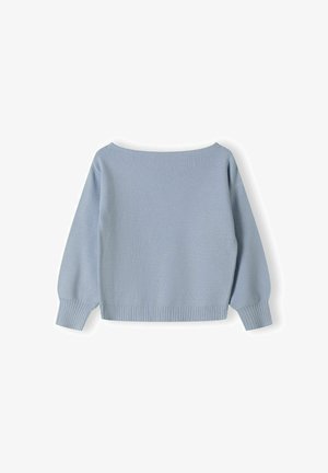 Maglione azzurro chiaro in maglia con scollo ampio, maniche lunghe e polsini e orlo a costine. Texture morbida con una vestibilità rilassata e squadrata.
