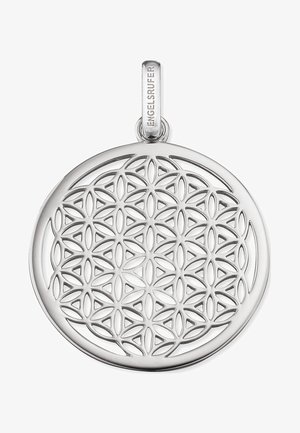 Silberanhänger mit einem komplizierten kreisförmigen Design und einem Lebensblumenmuster. Enthält eine Schlaufe zur Befestigung oben.