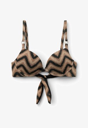 Brązowy i czarny top od bikini w zygzakowaty wzór z regulowanymi ramiączkami na ramiona i zawiązywaną z przodu kokardą.