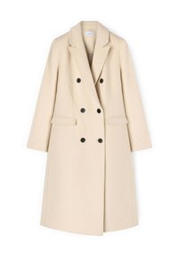 Cappotto di lana beige con design doppiopetto, bottoni neri, rever a punta e tasche laterali. Tessuto liscio, vestibilità fino al ginocchio.