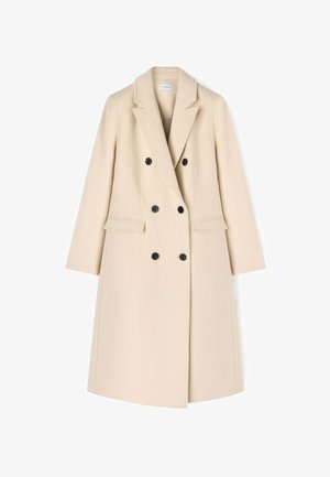 Beige Wollmantel mit doppelt geknöpftem Design, schwarzen Knöpfen, spitz zulaufenden Revers und seitlichen Taschen. Glatter Stoff, knielanger Schnitt.
