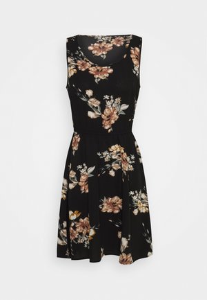 Robe noire à fleurs avec un col en U, sans manches et une jupe évasée. Présente des fleurs roses et crème avec des feuilles vertes. Tissu extensible.