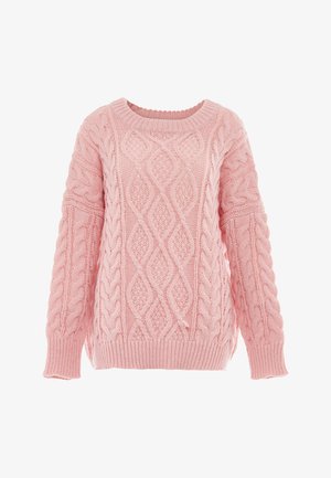 Suéter de punto rosa con patrones de trenzado, cuenta con un escote amplio y puños de canalé. Textura suave con un corte relajado y mangas largas.
