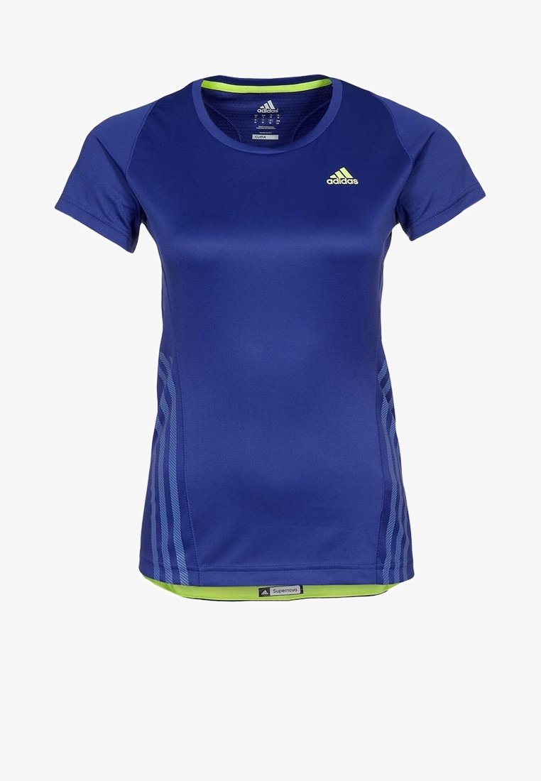 Navy urheilupaita, jossa on lyhyet hihat, pyöreä kaulus ja limevihreät yksityiskohdat. Materiaalin pinta näyttää sileältä ja siinä on sivuilla raidalliset kuviot.