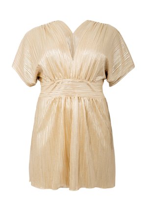 Geverde korte mouw jurk van metallic gouden stof, met een diepe V-hals en een aansluitende taille met geplooide details.
