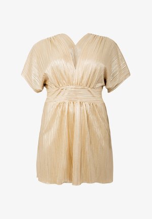 Faltendes Kurzarmkleid aus metallicgoldenem Stoff, mit tiefem V-Ausschnitt und tailliertem Schnitt mit gerafften Details.