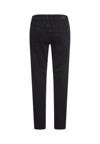 Sorte denim jeans med smal pasform, fem lomme-design og synlige syninger. Bagpå er der to påsyede lommer og en bæltestrop.