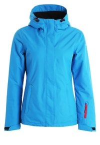 Blaue wasserdichte Jacke mit Kapuze, Reißverschlusstaschen und roten Reißverschlussdetails. Das Design ist glatt mit einer leicht taillierten Form und verstellbaren Manschetten.