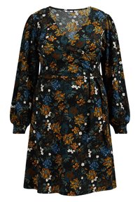 Schwarzes Blumenkleid mit langen Puffärmel, einem Wickeldesign und lebhaften Blumenmustern in Orange, Blau und Weiß auf strukturiertem Stoff.