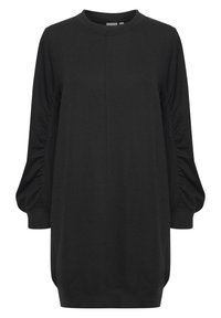 Abito felpa nero con scollatura rotonda, maniche lunghe a sbuffo e dettagli arricciati ai lati. Realizzato in tessuto morbido, presenta una vestibilità morbida.