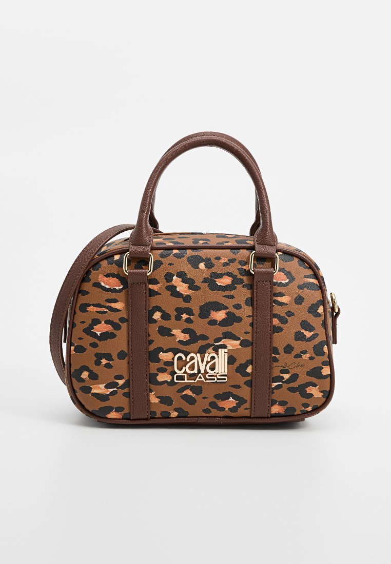 Torebka w wzór panterki z brązowego materiału syntetycznego, z podwójnymi uchwytami u góry, odczepianym paskiem na ramię oraz złotym logo z przodu.