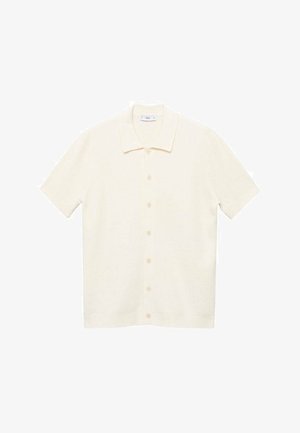 Korte mouw, crèmekleurige cardigan met een zachte textuur, knopen aan de voorkant en een klassiek kraagontwerp. Minimalistische stijl zonder patronen.