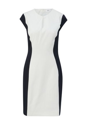 Fitted dress featuring a white front and navy side panels, short cap sleeves, and a small keyhole neckline with a zip closure at the back.