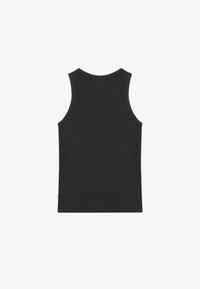 Débardeur noir sans manches avec larges bretelles et encolure ronde, vu de dos sur un fond blanc uni.
