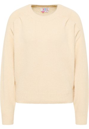 Crème-kleurige gebreide trui met een ronde hals, geribbelde manchetten en zoom, en lange mouwen met een zachte textuur.