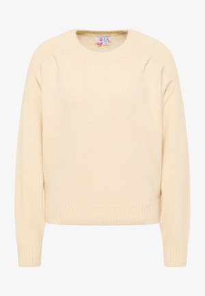 Crème-kleurige gebreide trui met een ronde hals, geribbelde manchetten en zoom, en lange mouwen met een zachte textuur.