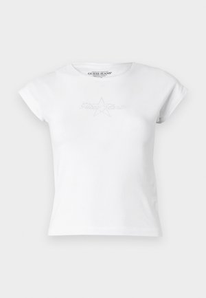 T-shirt en coton blanc à manches courtes, avec un motif étoile texturé et le logo "Guess Jeans" en relief discret sur le devant.