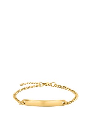 Bracciale a catena d'oro con piastra rettangolare liscia con nome e chiusura regolabile su sfondo bianco.