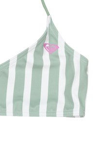 Vihreä ja valkoinen raidallinen bikinitoppi, jossa on viimeistelty reuna ja pinkki sydäntunnus hihnassa. Valmistettu sileästä, venyvästä kankaasta.