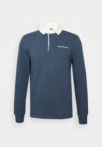 Marineblauwe polo met lange mouwen en een witte kraag, voorzien van een voorflap en een geborduurd logo op de borst. Gemaakt van zacht katoen.