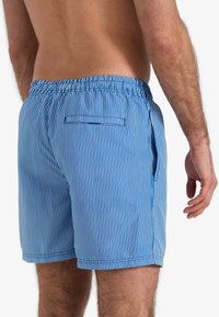 Blauwe gestreepte zwembroek met een elastische tailleband. Beschikt over een achterzak en zijzakken. Materiaal lijkt lichtgewicht en ademend.