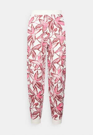 Pantalones blancos con un patrón floral en tonos rosas y rojos, con puños en los tobillos y una cintura suave.