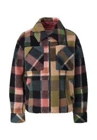Chaqueta de forro polar a cuadros con cierre de cremallera, dos bolsillos frontales y cuello. Los colores incluyen negro, verde, rosa y beige en un patrón de cuadros.