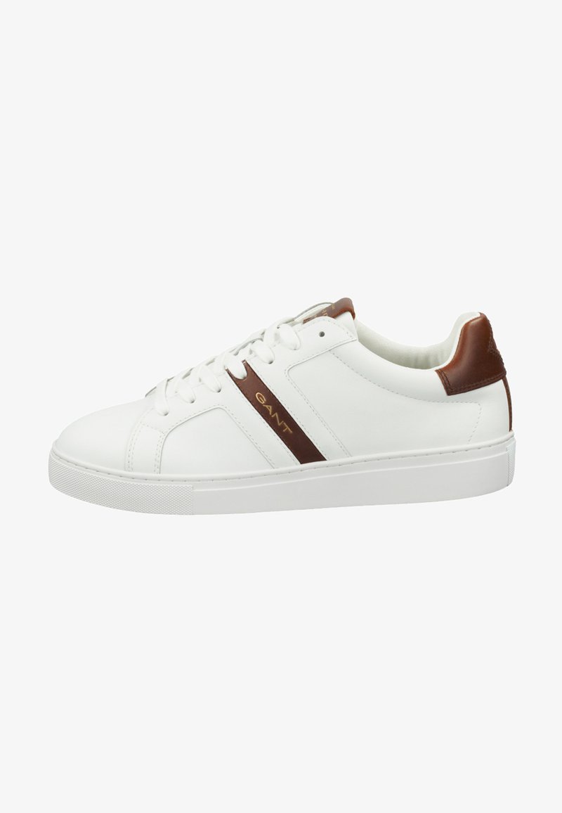 Weiße Leder-Sneaker mit braunen Akzenten, im Low-Top-Design, mit runder Zehenpartie und Schnürverschluss. Strukturiertem Gummisohle.