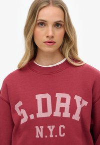 Woman with long blonde hair wearing a red sweatshirt with white "S.DRY N.Y.C" text on a plain background.
