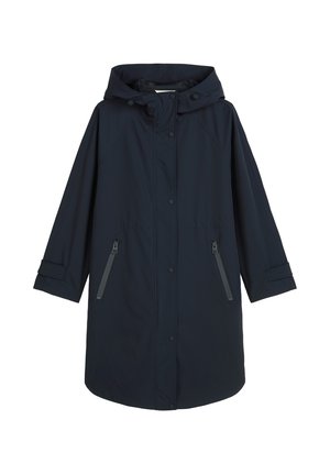 Marineblauwe waterdichte jas met capuchon, drukknopen, twee zijritsvakken en een losse pasvorm met brede mouwen en verstelbare manchetten.