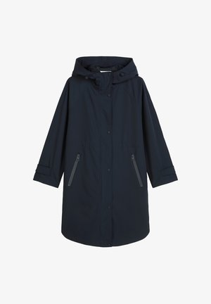 Marineblauer wasserdichter Mantel mit Kapuze, Druckknöpfen, zwei seitlichen Reißverschlusstaschen und lockerem Schnitt mit weiten Ärmeln und verstellbaren Manschetten.