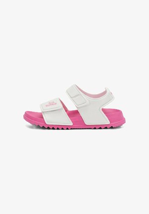 Sandalo bianco e rosa per bambini con due cinturini regolabili e suola rosa testurizzata, nome del marchio "SUN68" sulla fascia anteriore.