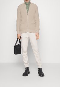 Beżowy dzianinowy kardigan na zamek, zielona koszula z kołnierzykiem, kremowe spodnie, czarne skórzane botki do kostki oraz mała czarna torebka na ramię.