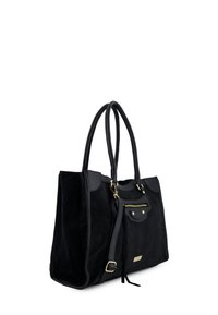 Czarna torba typu tote z zamszu z akcentami ze skóry. Posiada podwójne uchwyty, zapinaną na zamek kieszeń z przodu oraz złote elementy ozdobne. Miękka faktura, prostokątny kształt.