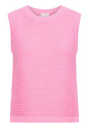 Vesta tricotată roz fără mâneci, cu guler rotund cu dungi ribs și model orizontal texturat cu dungi ribs pe toată suprafața.