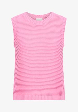 Vesta tricotată roz fără mâneci, cu guler rotund cu dungi ribs și model orizontal texturat cu dungi ribs pe toată suprafața.