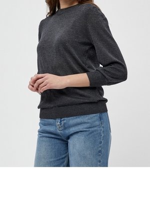 Dark gray knitted sweater with a crew neck, three-quarter sleeves, ribbed cuffs, and waistband. Worn with light blue denim jeans.