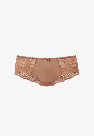 Brief in tonal nude con bordo in pizzo, con un pannello centrale in tessuto caratterizzato da un design floreale in pizzo e un piccolo fiocco decorativo sul davanti.
